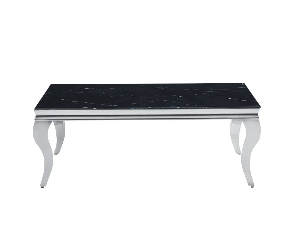 Table Basse BAROQUE Rectangle Plateau Verre Trempé Marbré Noir Pieds Chrome 120x60x45cm