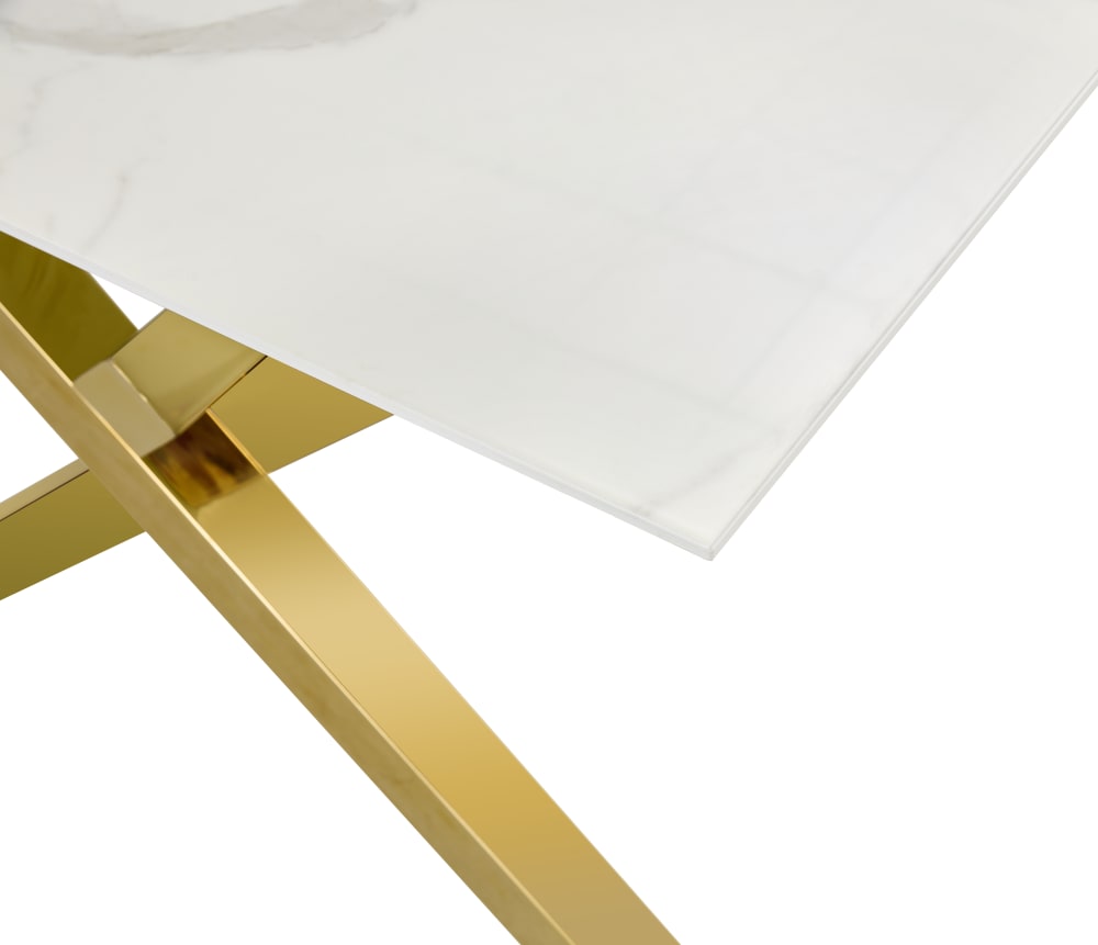 Table Basse IXE Métal Gold Plateau Verre Trempé Marbré Blanc 120x60x45cm