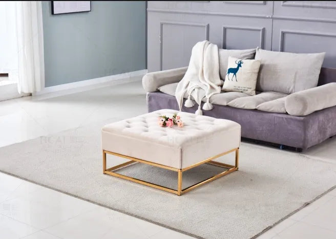 Pouf Coffre TIROIRS Carré Plateau Velours Capitonné Beige 80x80x43cm 2 Tiroirs