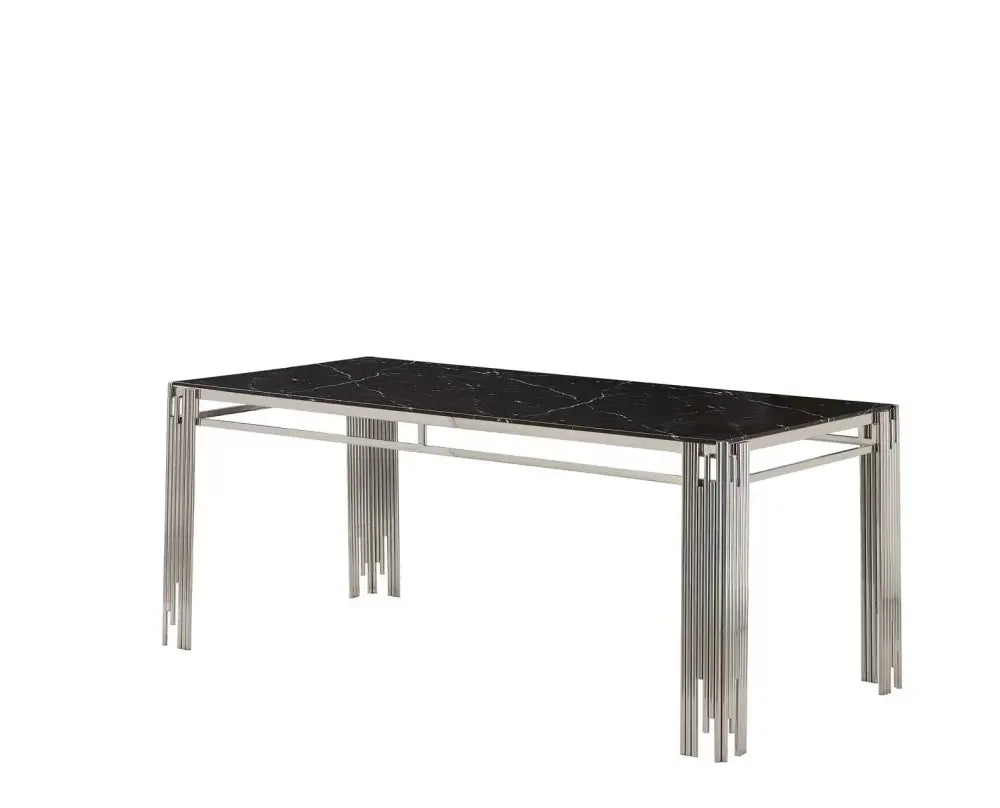 Table à manger FLUTE Chrome Plateau en verre Marbré 150 cm #couleur_marbré-noir