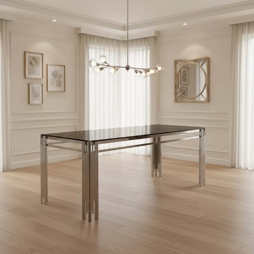 Table à manger XXL FLUTE Chrome Plateau en verre Marbré 180 cm #couleur_marbré-noir
