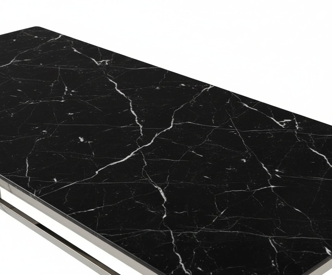 Table à manger FLUTE Chrome Plateau en verre Marbré 150 cm - Marbré noir
