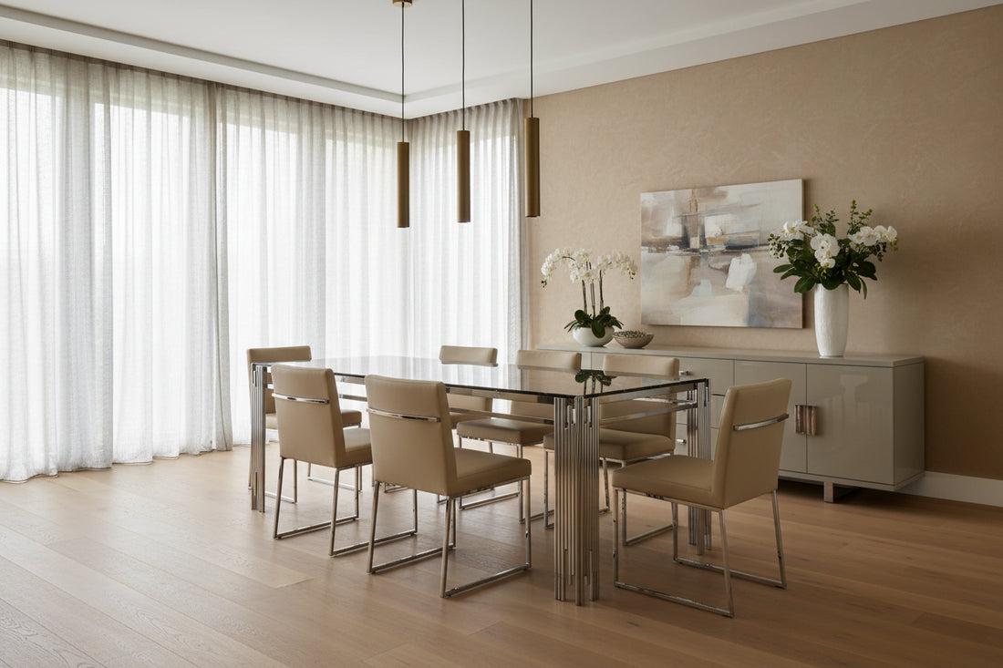 Table à manger FLUTE Chrome Plateau en verre Marbré 150 cm #couleur_marbré-noir