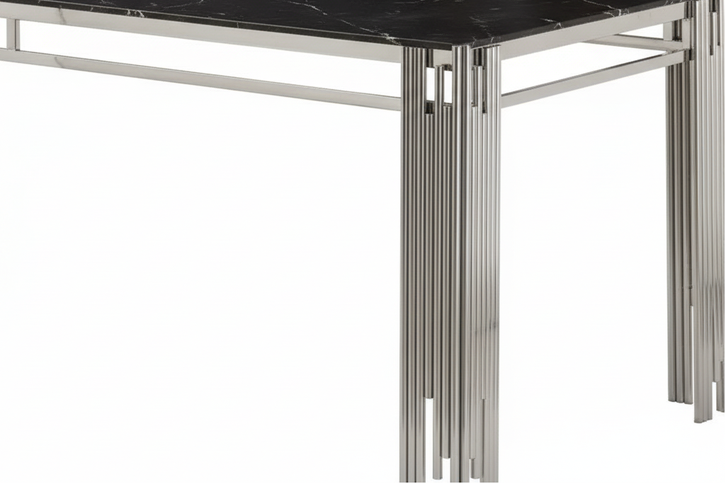 Table à Manger Verre Trempé Marbré Noir & Chromé – 150×90 cm