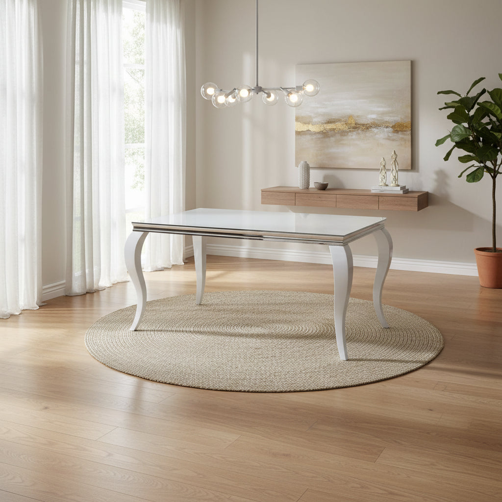 Table à manger BAROQUE 4 à 6 couverts pieds chrome plateau en verre 150x90 cm #couleur_blanc