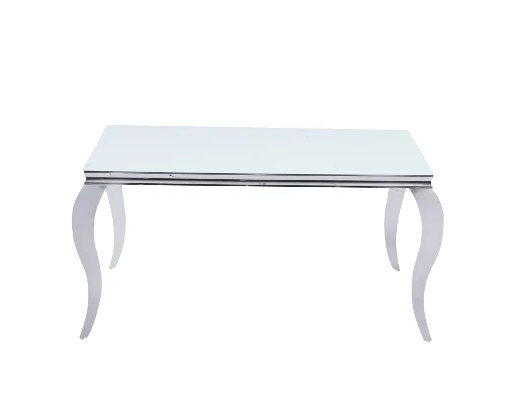 Table à manger BAROQUE 4 à 6 couverts pieds chrome plateau en verre 150x90 cm #couleur_blanc