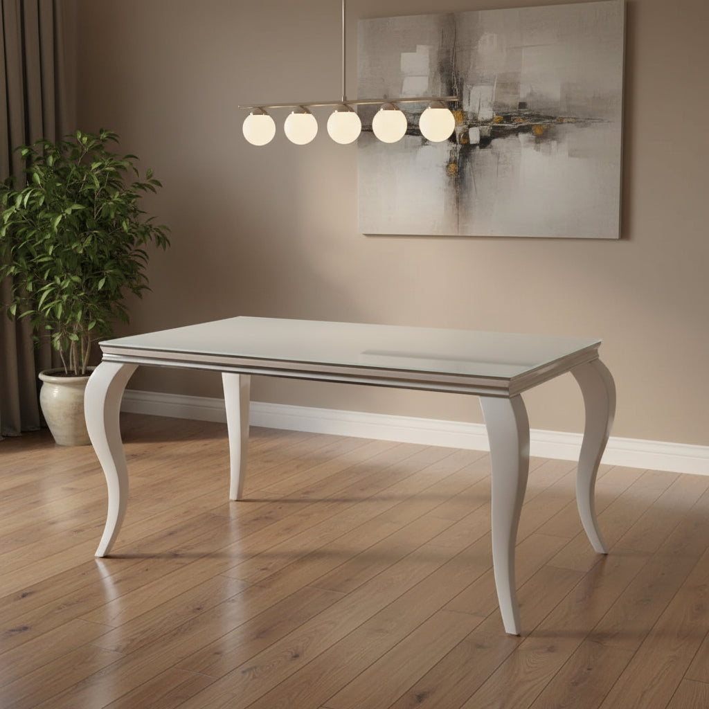 Table à manger BAROQUE 6 à 8 couverts pieds chrome plateau en verre 180x90 cm #couleur_blanc