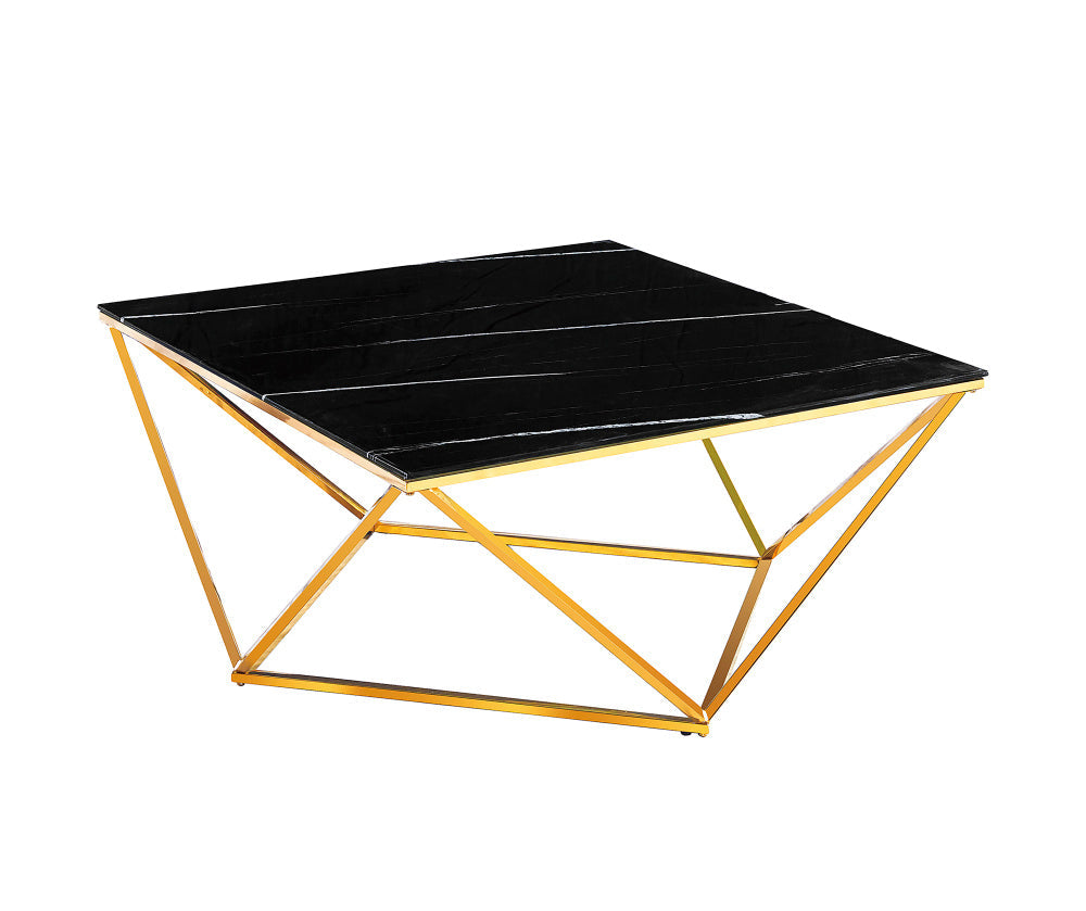 Table Basse ALINA Carrée Plateau Verre Trempé Marbré Noir Pieds Gold 80x80x45cm