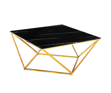 Table Basse ALINA Carrée Plateau Verre Trempé Marbré Noir Pieds Gold 80x80x45cm