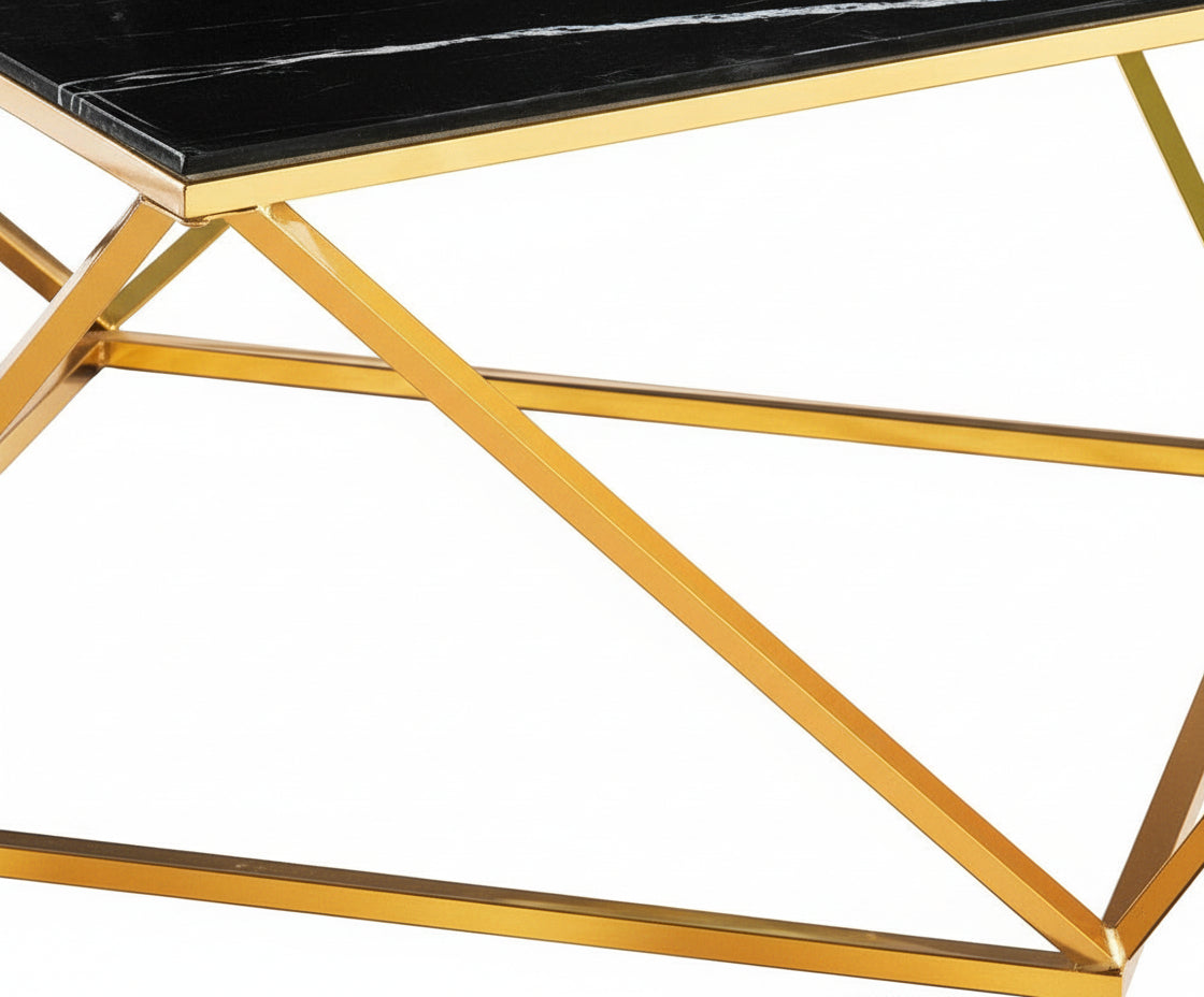 Table Basse ALINA Carrée Plateau Verre Trempé Marbré Noir Pieds Gold 80x80x45cm