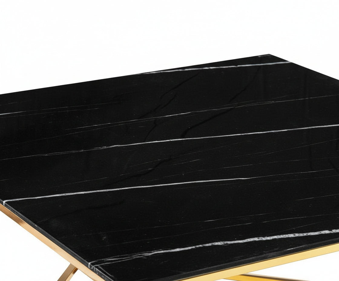 Table Basse ALINA Carrée Plateau Verre Trempé Marbré Noir Pieds Gold 80x80x45cm