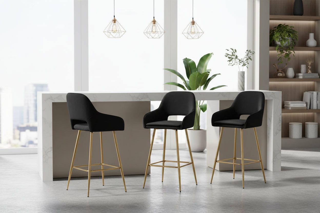 Lot 2 Tabourets de Bar Athena Velours Noir Pieds Gold 47x41x104cm