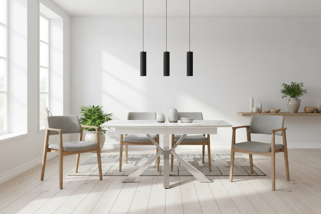 Table extensible BIANCA Chrome plateau Céramique #couleur_marbré-blanc