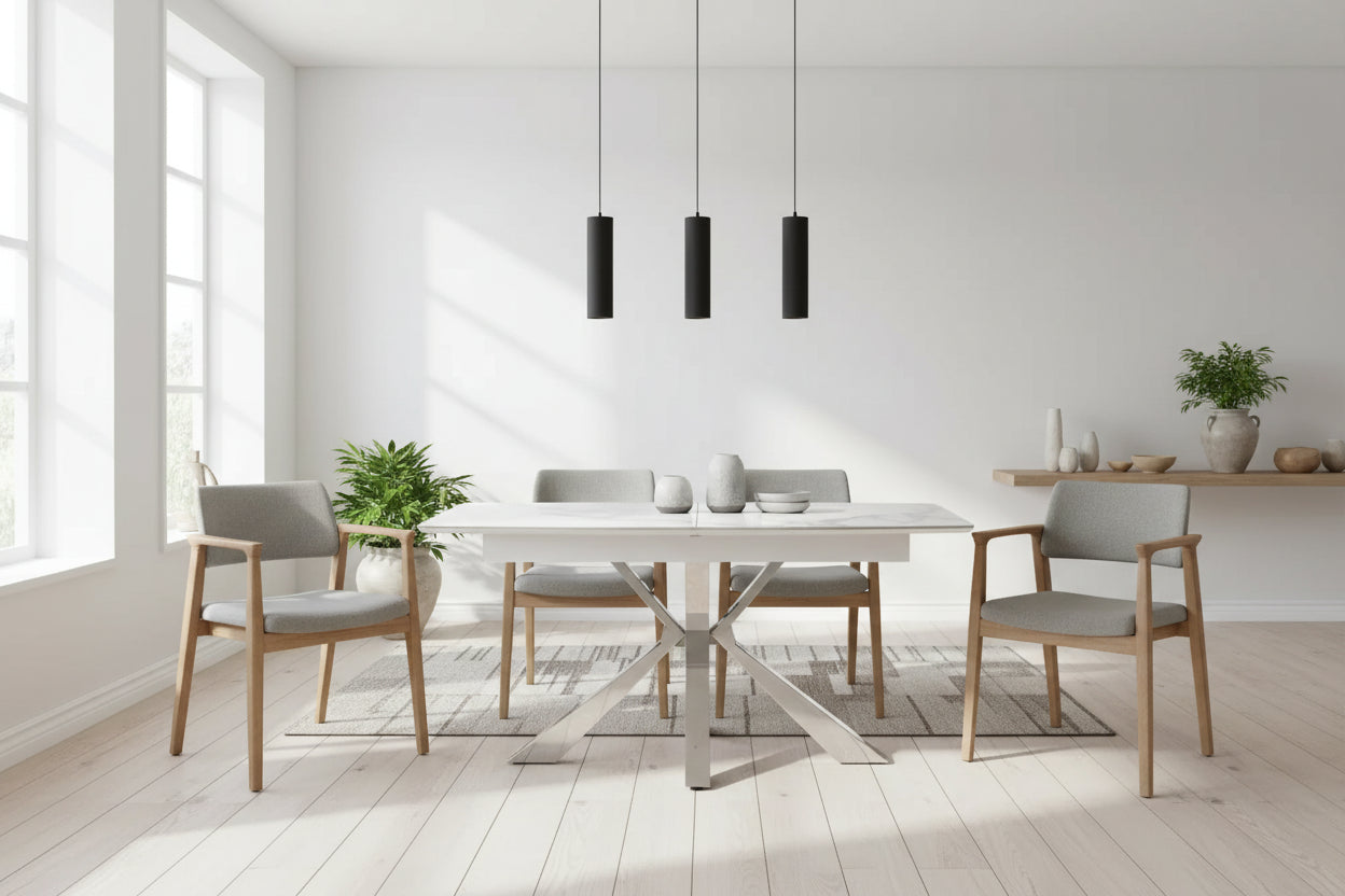 Table extensible BIANCA Chrome plateau Céramique #couleur_marbré-blanc