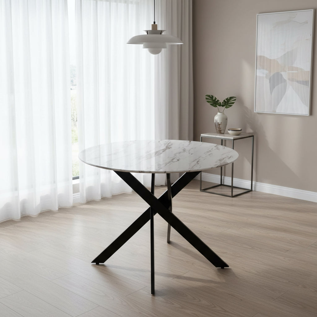 Table à manger ronde JESSICA Métal noir 100 cm 4 couverts #couleur_marbré-blanc