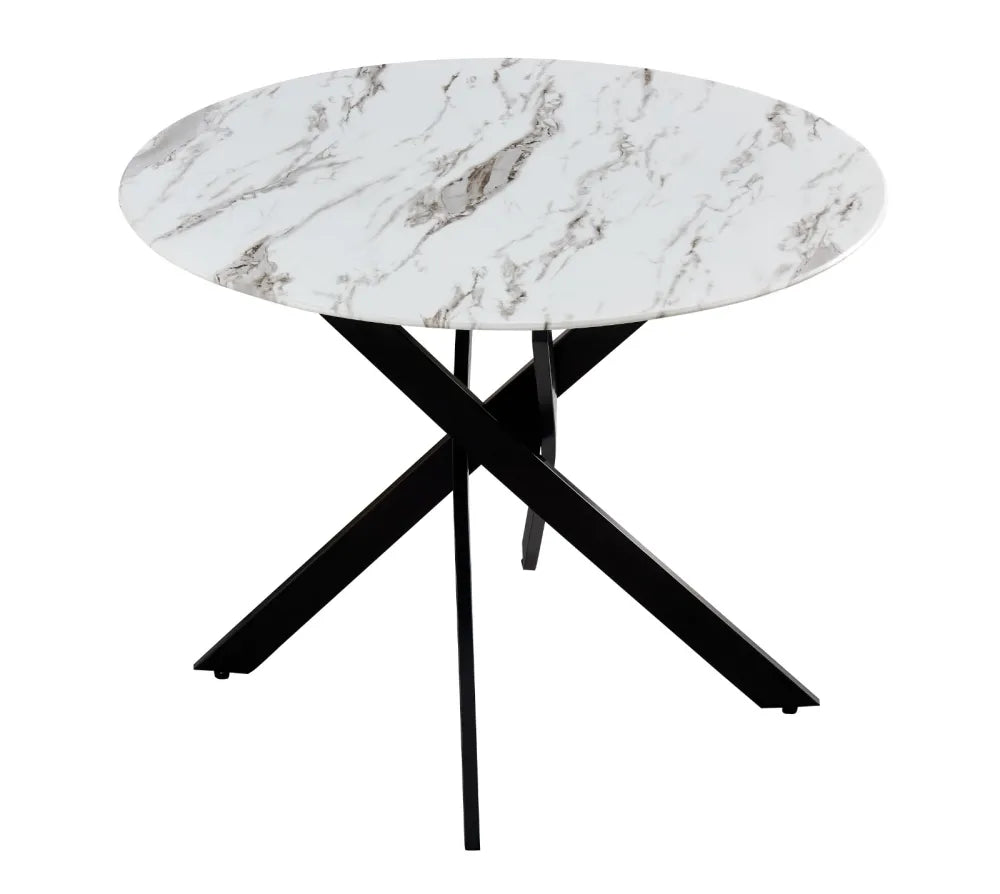 Table à manger ronde JESSICA en MARBRE BLANC pieds Métal noir 100 cm 4 couverts