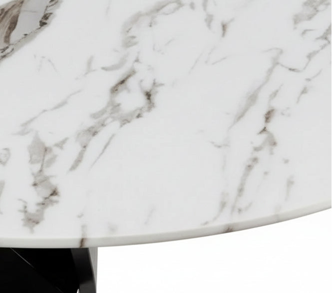 Table à manger ronde JESSICA en MARBRE BLANC pieds Métal noir 100 cm 4 couverts