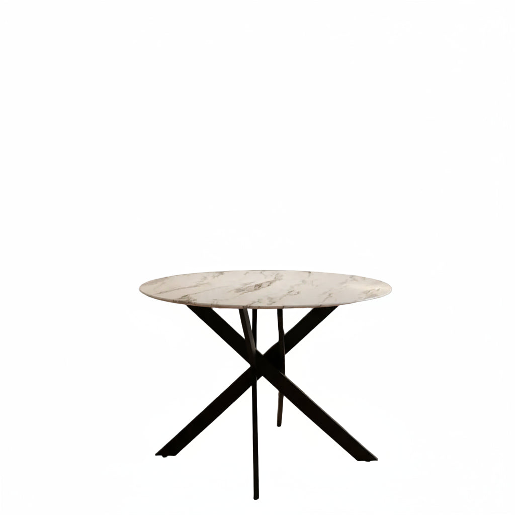 Table à manger ronde JESSICA en MARBRE BLANC pieds Métal noir XXL 120 cm 4 couverts