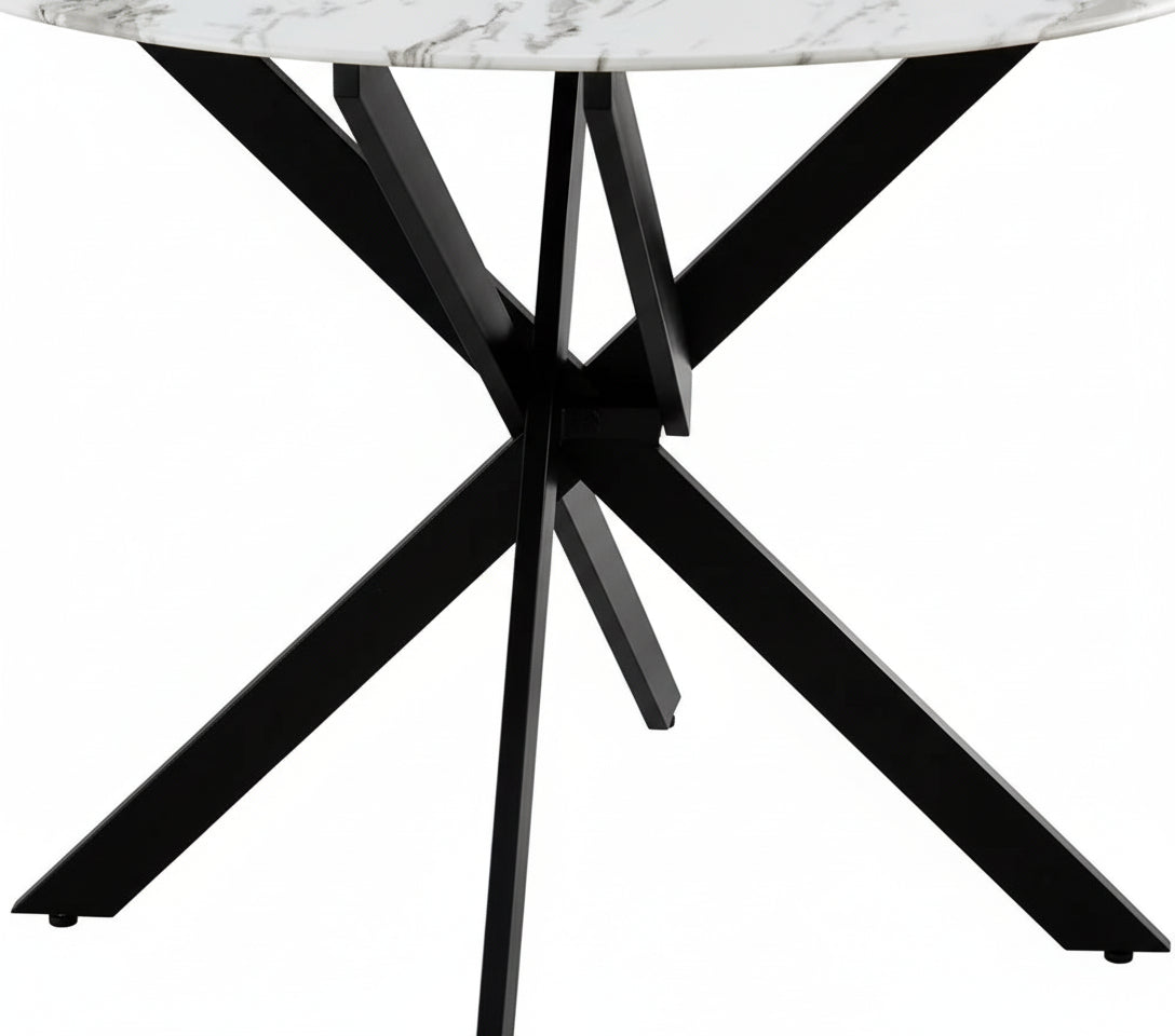 Table à manger ronde JESSICA en MARBRE BLANC pieds Métal noir 100 cm 4 couverts