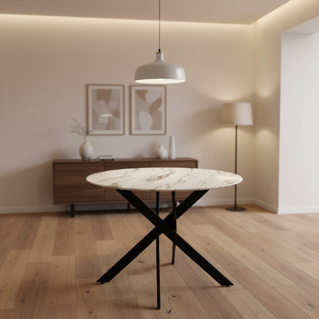Table a manger ronde JESSICA Métal noir XXL 120 cm 4 couverts #couleur_marbré-blanc