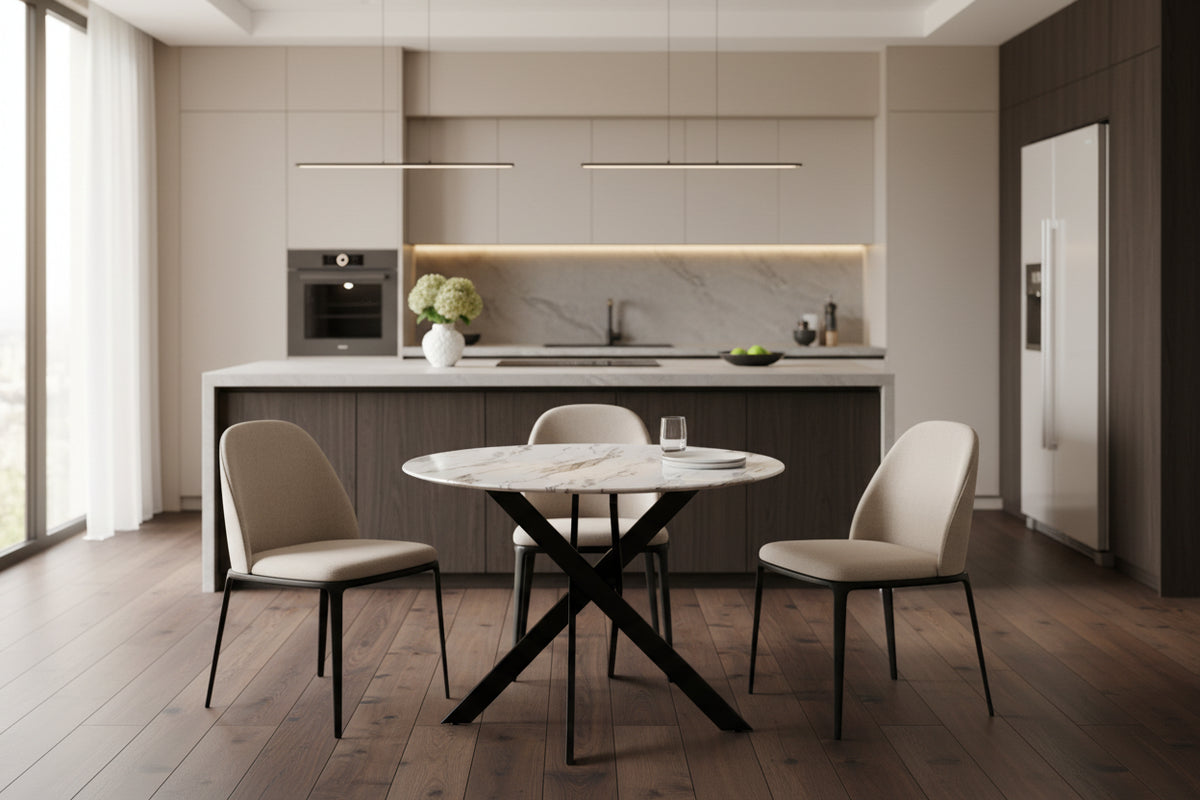 Table a manger ronde JESSICA en MARBRE BLANC pieds Métal noir XXL 120 cm 4 couverts