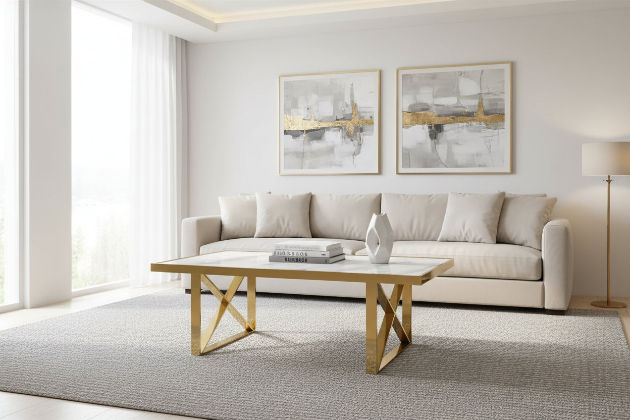 Table basse céramique marbre blanc piètement doré 120x60