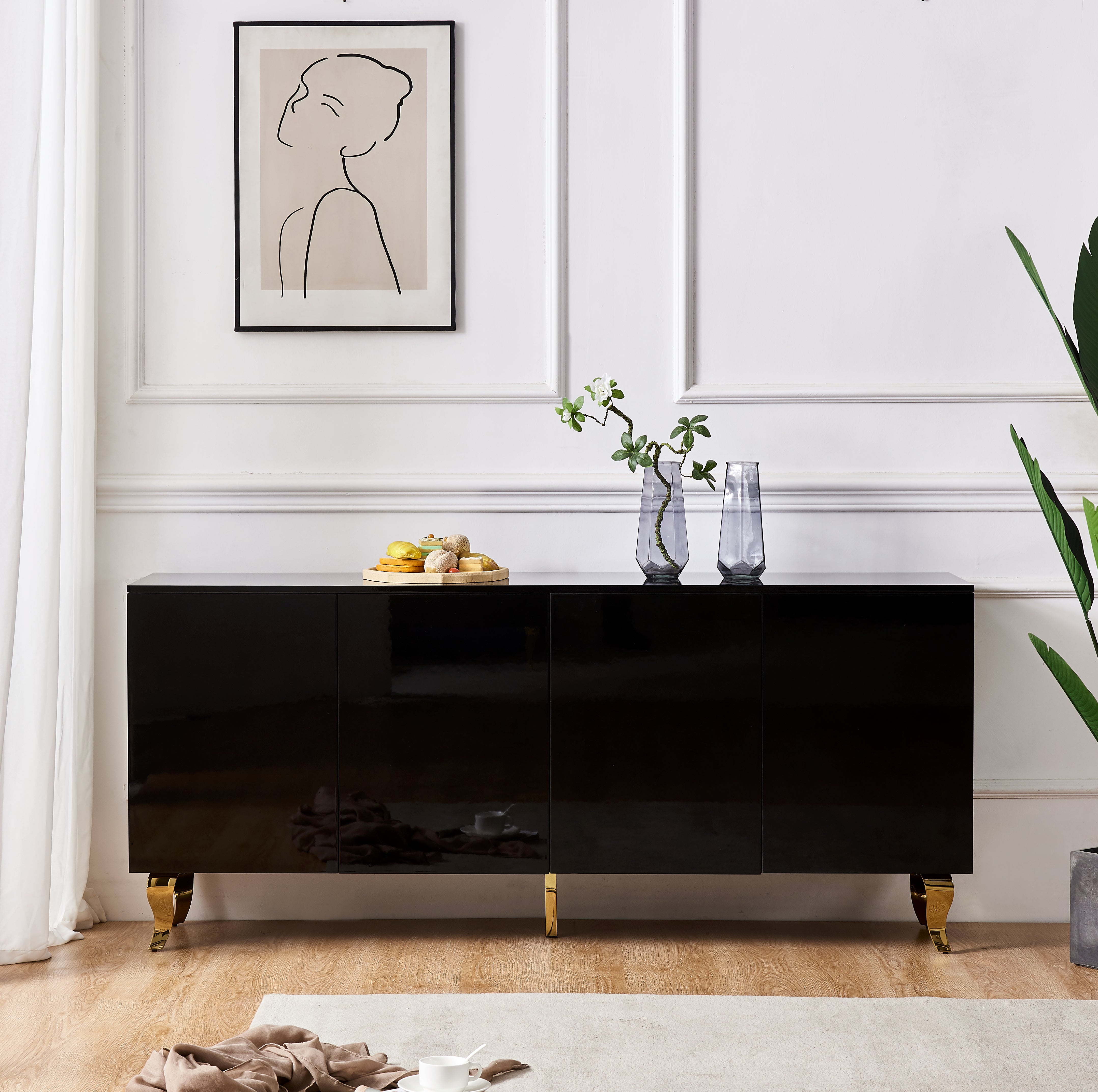 Buffet BAROQUE – Laqué Noir Pieds Dorée – 4 Portes – 180x40x80 cm