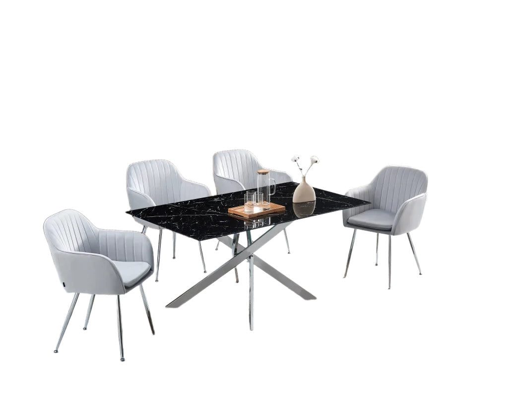 Table Repas JESSICA XXL Chrome et plateau en verre MARBRE NOIR 180 cm 6 à 8 couverts