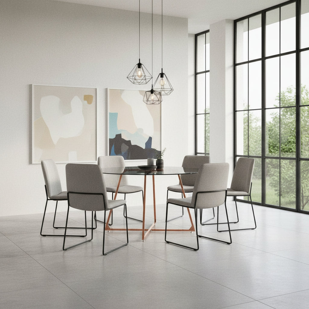 Table à Manger Ronde Verre Transparent - Pied Rose Gold – D120×75 cm – HELOISE