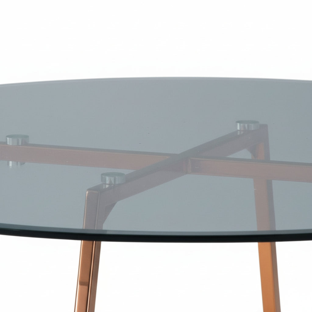 Table à Manger Ronde Verre Transparent - Pied Rose Gold – D120×75 cm – HELOISE