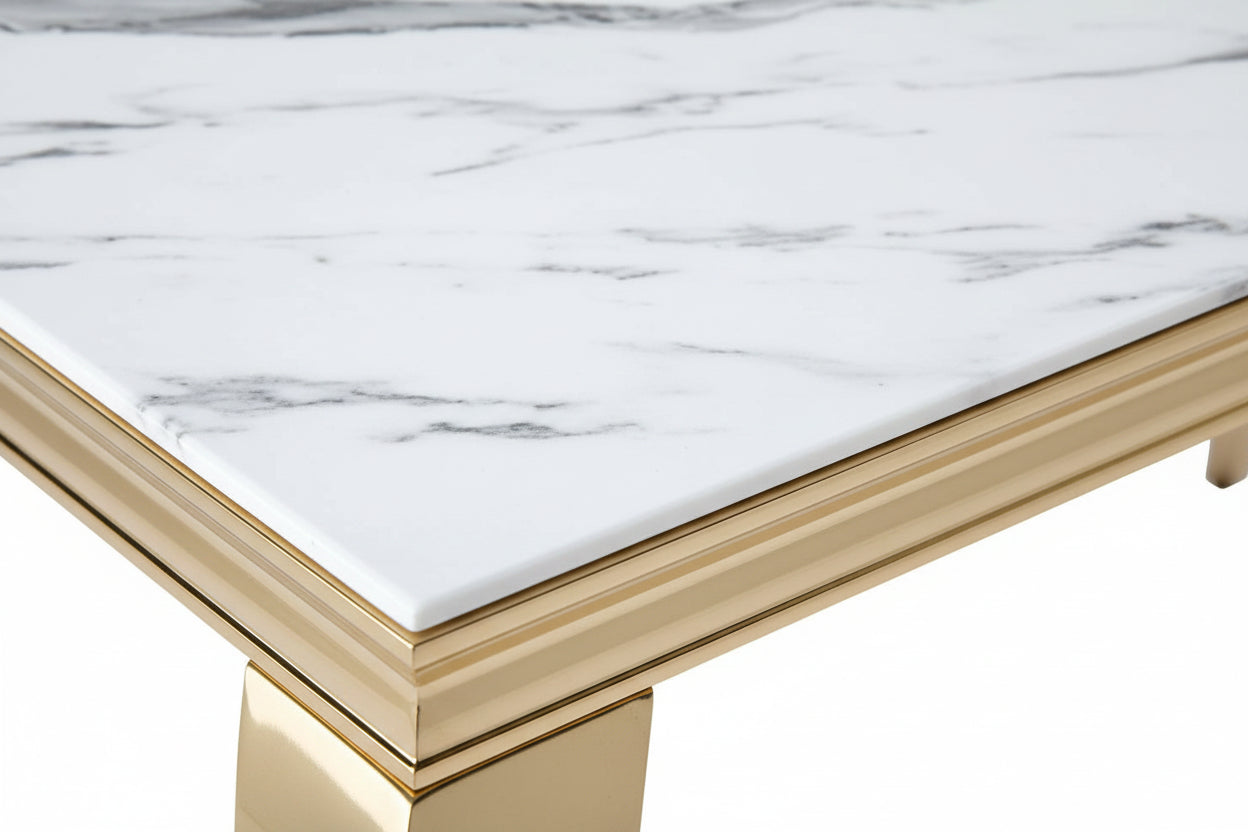 Ensemble Table à manger 180cm Plateau Marbré + 6 Chaises Velours Beige Pieds Gold #couleur_beige