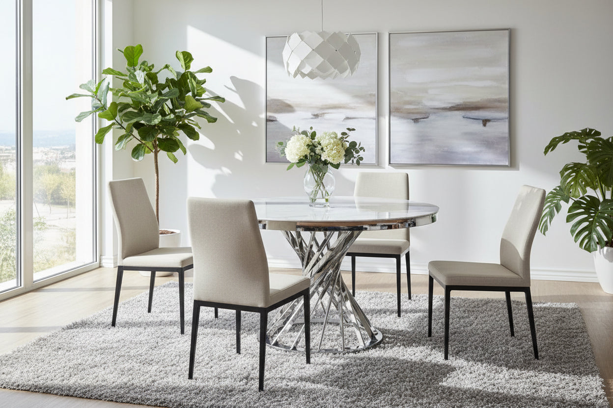 Table à manger ronde en verre trempé effet marbre blanc Chrome - NAUTILUS#couleur_marbréblanc_Chrome