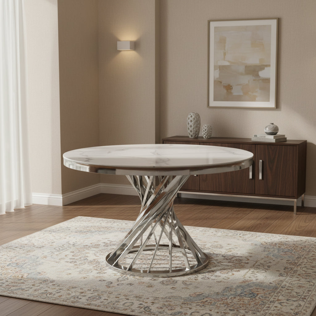 Table à manger ronde en verre trempé effet marbre blanc Chrome - NAUTILUS#couleur_marbréblanc_Chrome