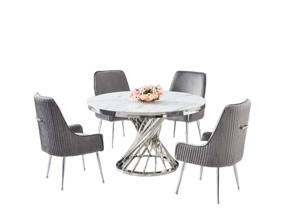 Table à manger ronde NAUTILUS en verre marbre blanc