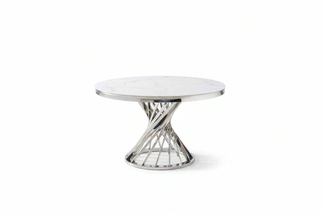 Table à manger ronde en verre trempé effet marbre blanc Chrome - NAUTILUS#couleur_marbréblanc_Chrome