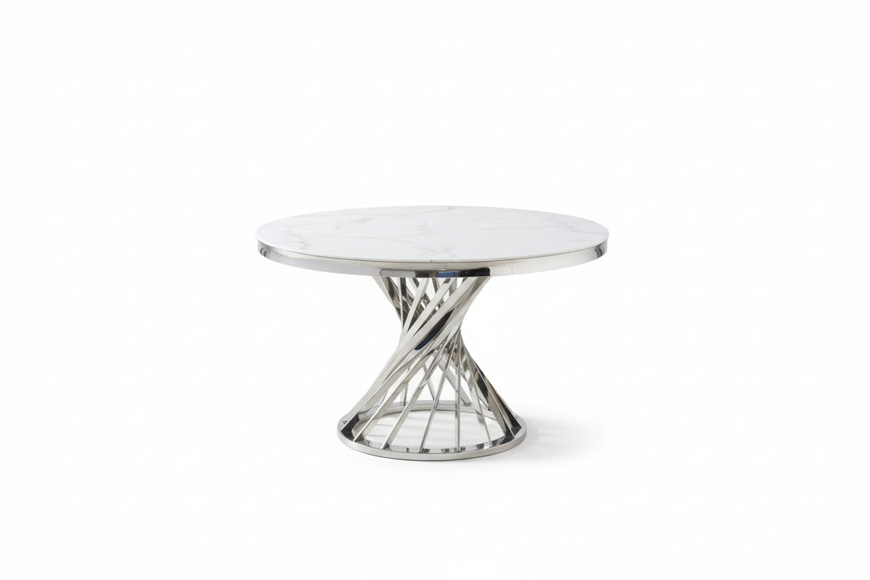 Table à manger ronde en verre trempé effet marbre blanc Chrome - NAUTILUS#couleur_marbréblanc_Chrome