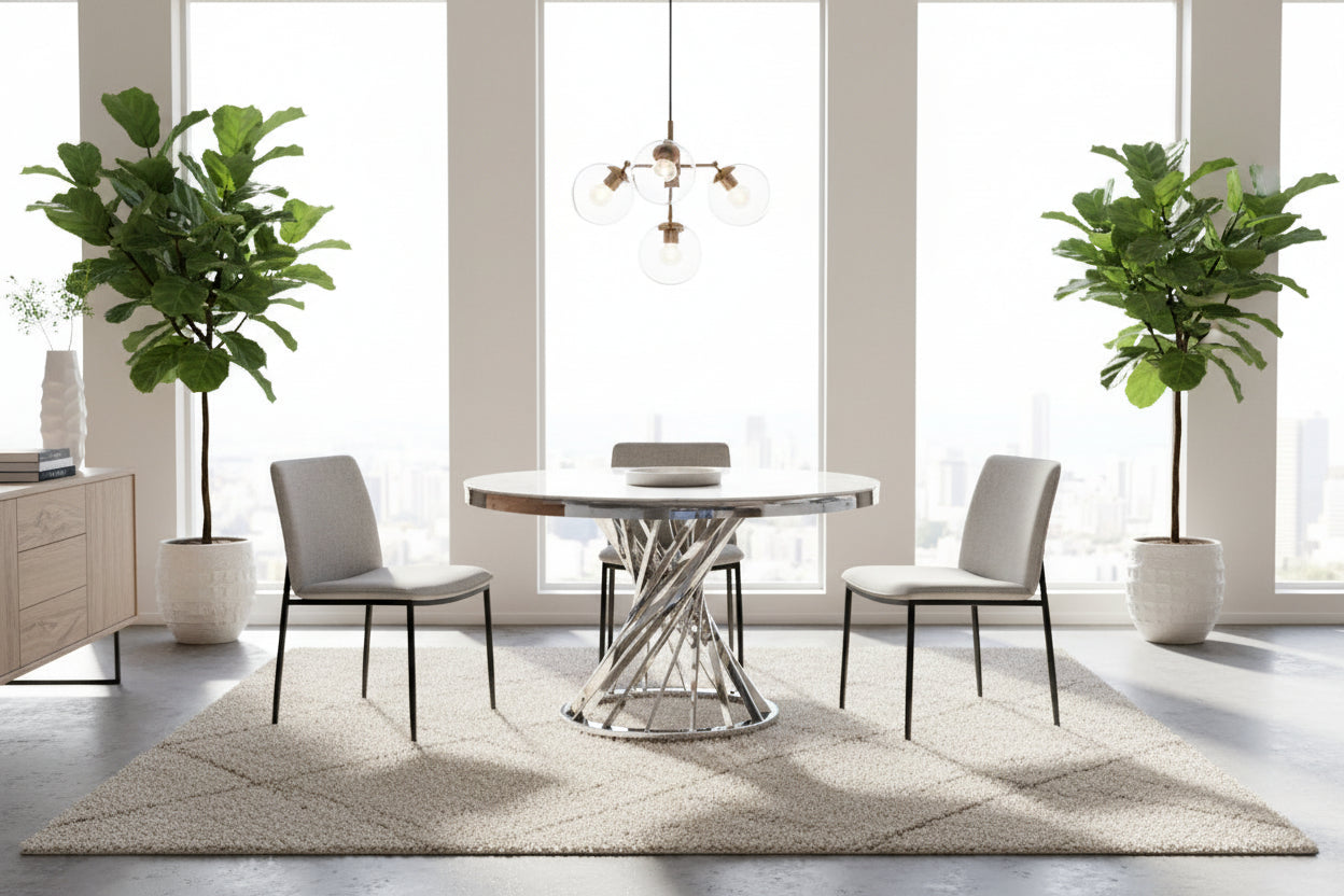 Table à manger ronde en verre trempé effet marbre blanc Chrome - NAUTILUS#couleur_marbréblanc_Chrome