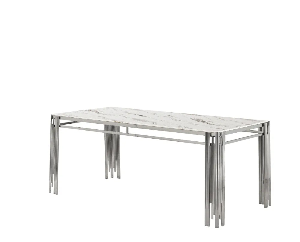 Table à manger FLUTE Chrome Plateau en verre Marbré 150 cm Table à manger FLUTE Chrome Plateau en verre Marbré 150 cm #couleur_marbré-blanc