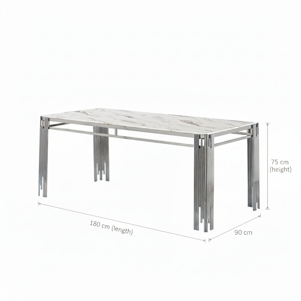 Table à manger XXL FLUTE Chrome Plateau en verre Marbré BLANC 180 cm