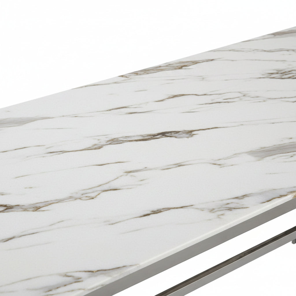 Table à manger XXL FLUTE Chrome Plateau en verre Marbré BLANC 180 cm