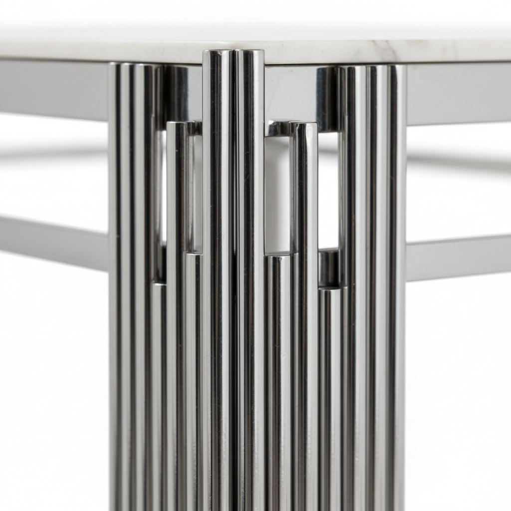 Table à manger XXL FLUTE Chrome Plateau en verre Marbré BLANC 180 cm