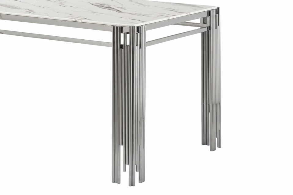Table à Manger rectangulaire Verre Trempé Marbré Blanc et pieds Chromé – 150×90 cm