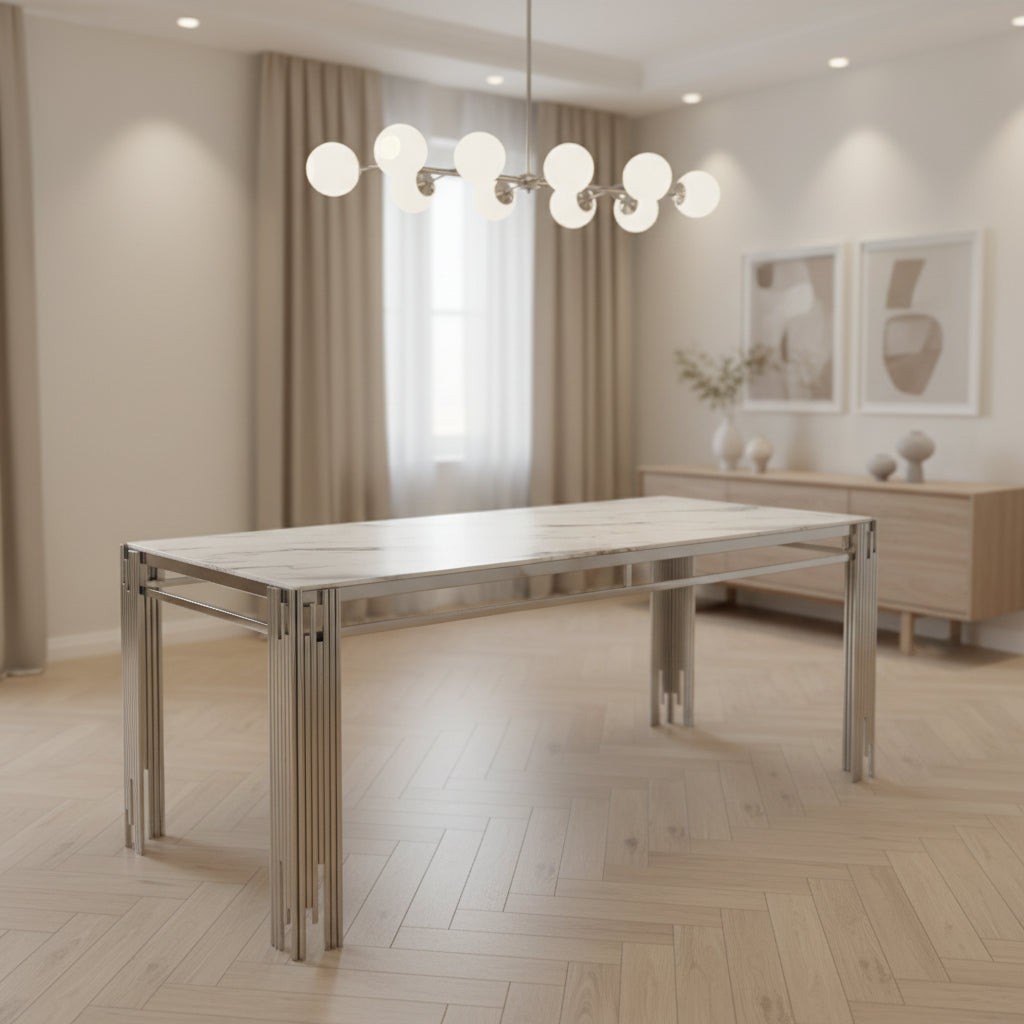 Table à Manger rectangulaire Verre Trempé Marbré Blanc et pieds Chromé – 150×90 cm