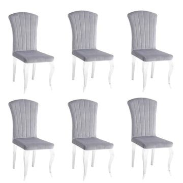 Lot de 6 Chaises Salle à Manger Baroque – Velours Gris & Pieds Chromés