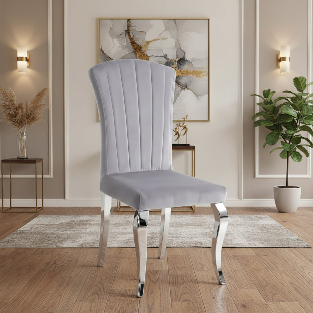 Ensemble Table à manger 150cm Marbré + 6 Chaises Velours Gris Pieds Chromés #couleur_gris