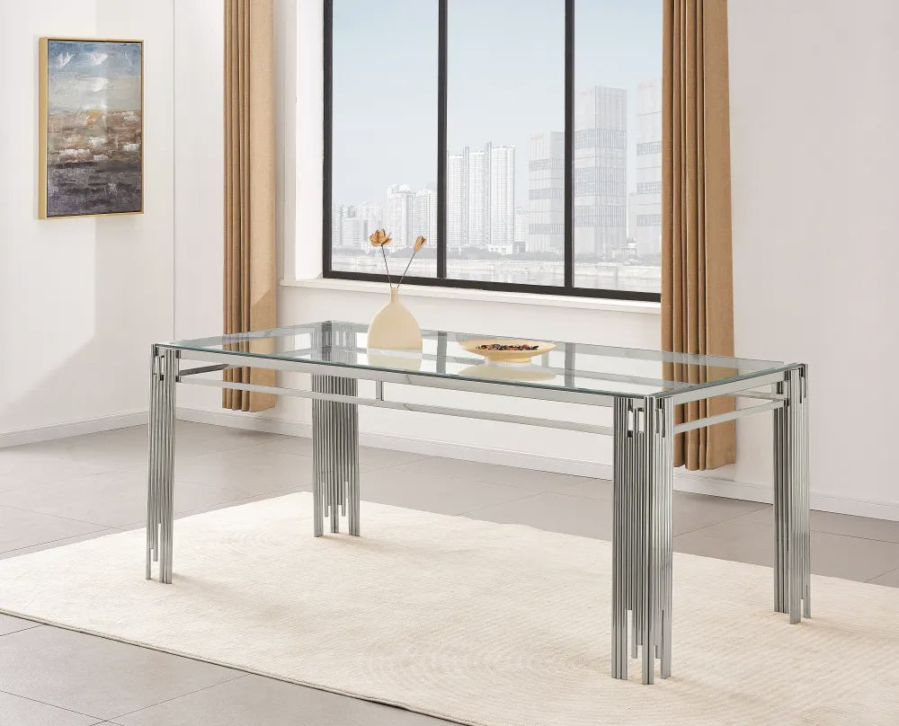 Table à manger FLUTE Chrome Plateau en verre Marbré 150 cm Table à manger FLUTE Chrome Plateau en verre Marbré 150 cm #couleur_transparent