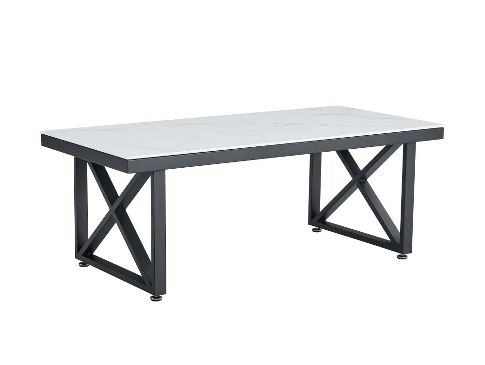 Table Basse LEVANTO Plateau Verre Trempé Marbré Blanc Structure Métal Noir 120x60x45cm