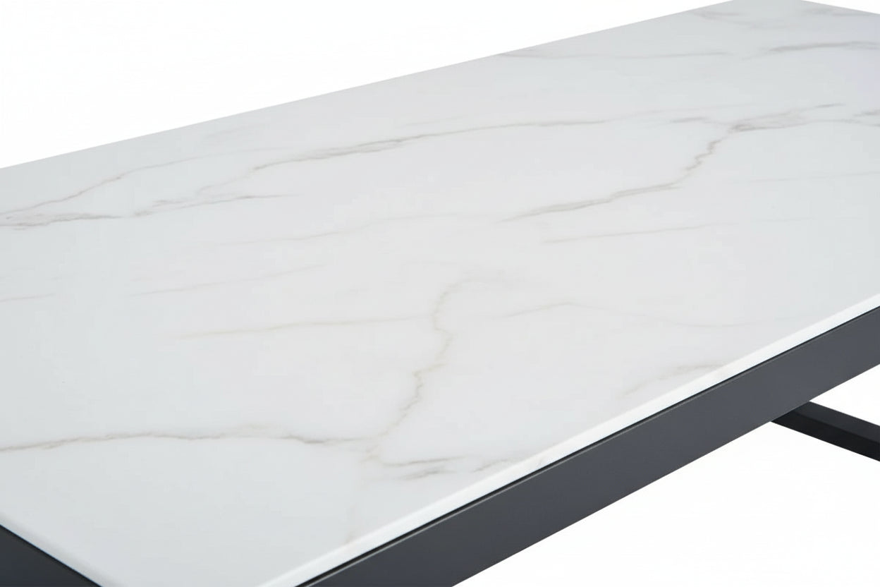 Table Basse LEVANTO Plateau Verre Trempé Marbré Blanc Structure Métal Noir 120x60x45cm