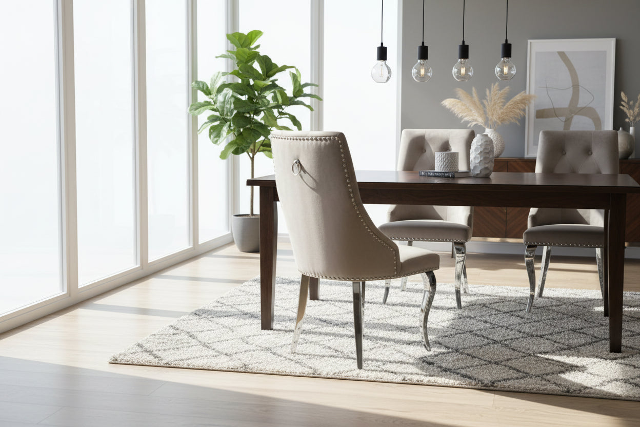 Lot 4 Chaises Salle à Manger Velours Moka Capitonnées Chrome ANNEAU