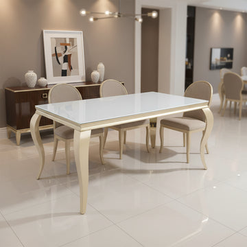Table à manger BAROQUE 4 à 6 couverts pieds gold plateau en verre 150x90 cm #couleur_blanc